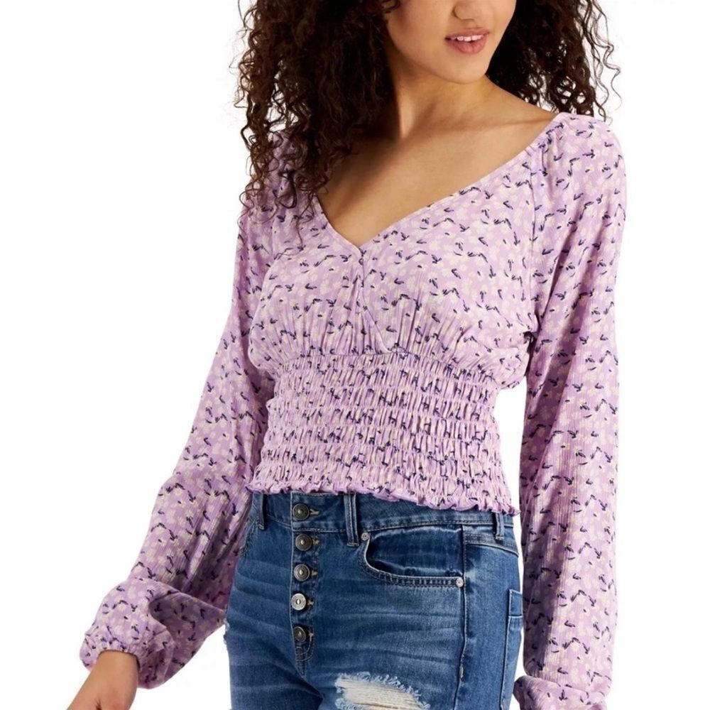 SELF ESTEEM Juniors' Floral-Print Surplice Smocked-Hem Top shirt Orchid